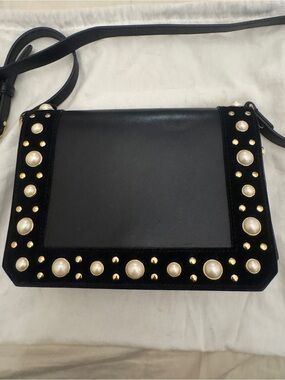Sandro Black Leather/Suede Pearl-Studded Crossbody Bag Must See